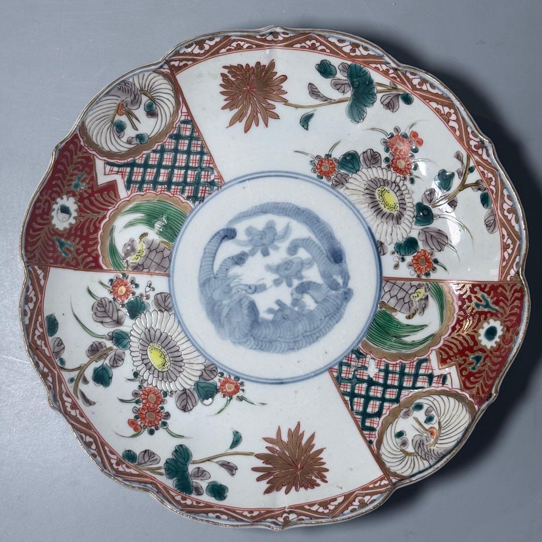 古伊万里　色絵七寸輪花形皿　冨貴長春　円龍　植物　鶴亀　直径21.6cm　江戸期