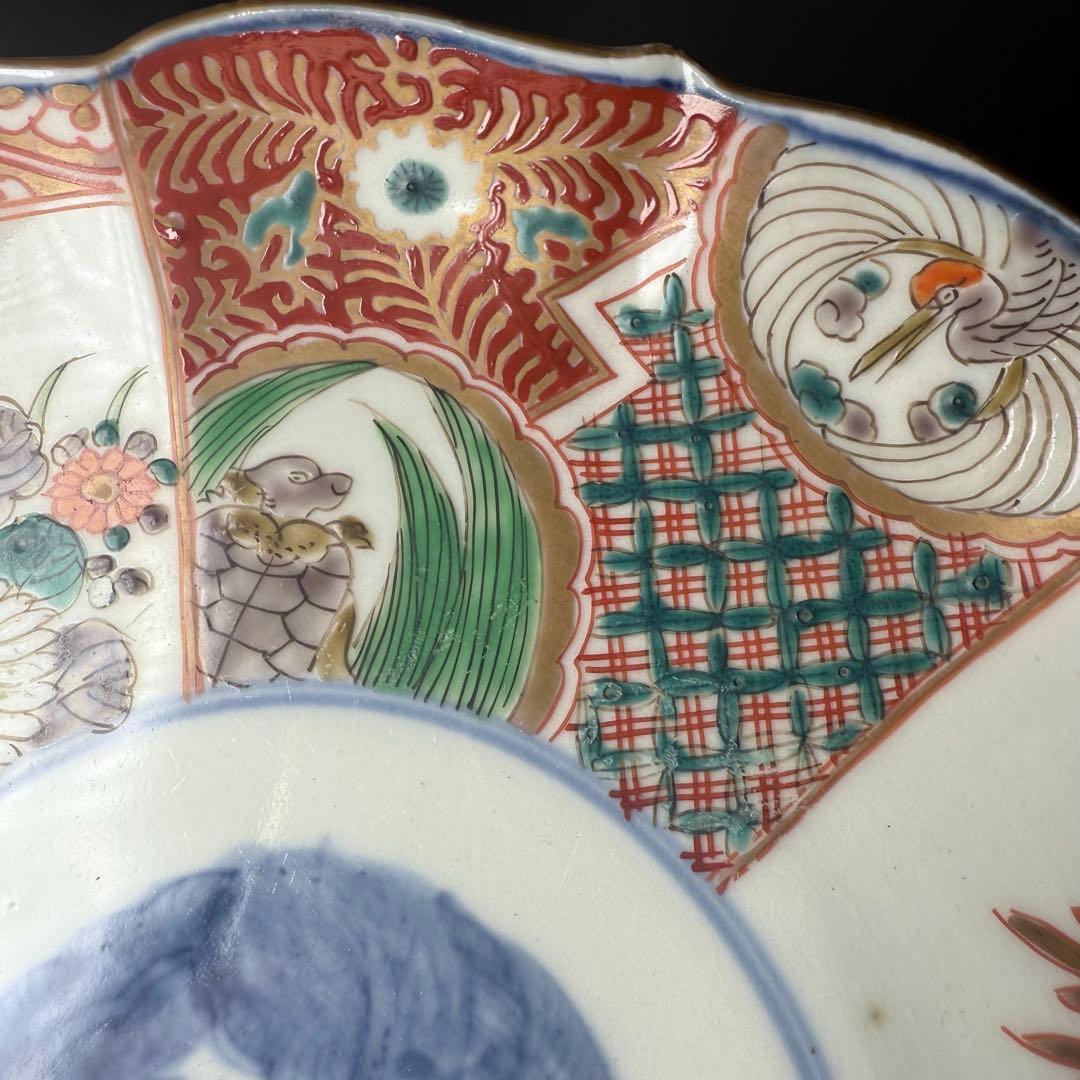 古伊万里　色絵七寸輪花形皿　冨貴長春　円龍　植物　鶴亀　直径21.6cm　江戸期