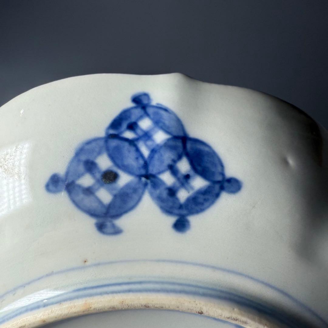 古伊万里　色絵七寸輪花形皿　冨貴長春　円龍　植物　鶴亀　直径21.6cm　江戸期