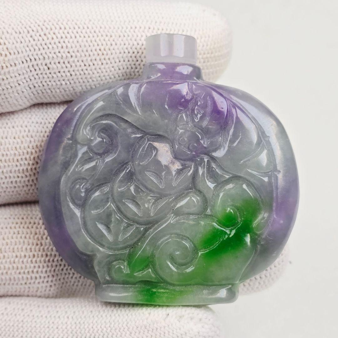 収集品 石器 古翡翠 両面 手彫 福禄如意紋 鼻煙壺 薬瓶 超美品