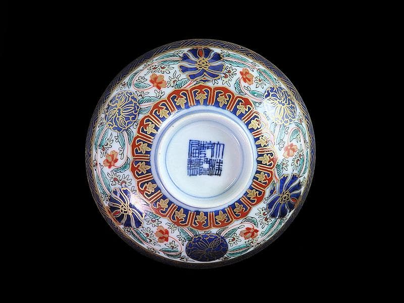 古伊万里　金襴手　瓔珞紋に花の図　蓋茶碗　江戸期　C000AS-CJa