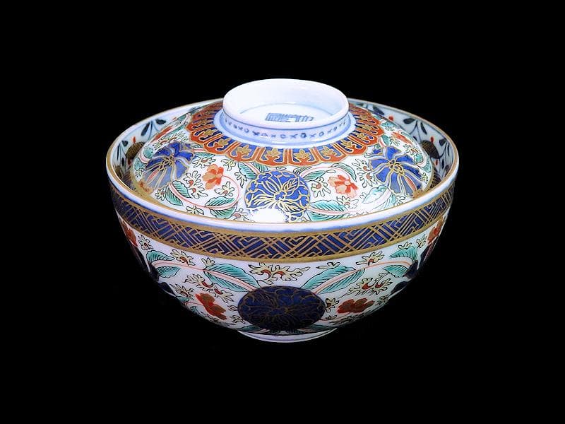 古伊万里　金襴手　瓔珞紋に花の図　蓋茶碗　江戸期　C000AS-CJa