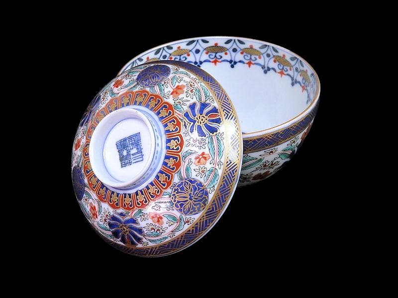 古伊万里　金襴手　瓔珞紋に花の図　蓋茶碗　江戸期　C000AS-CJa