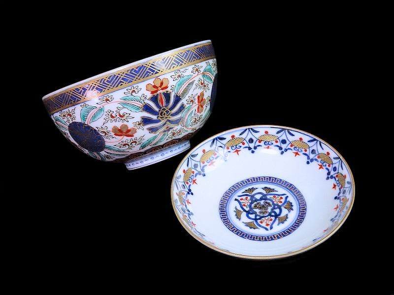 古伊万里　金襴手　瓔珞紋に花の図　蓋茶碗　江戸期　C000AS-CJa