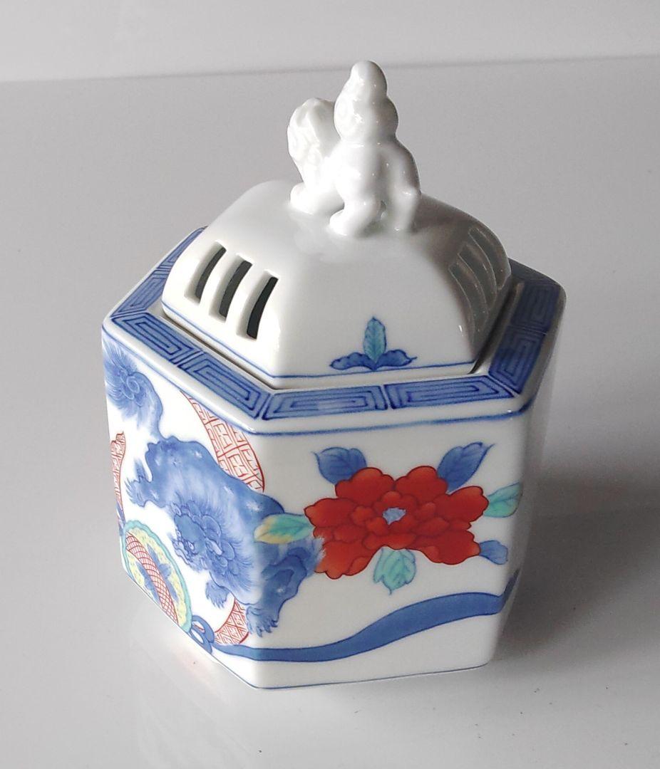 獅子牡丹絵　香炉　木箱　色鍋島　故青木桃山作品　伝統工芸士　未使用