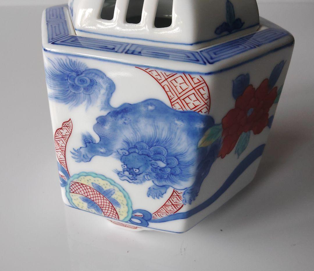 獅子牡丹絵　香炉　木箱　色鍋島　故青木桃山作品　伝統工芸士　未使用