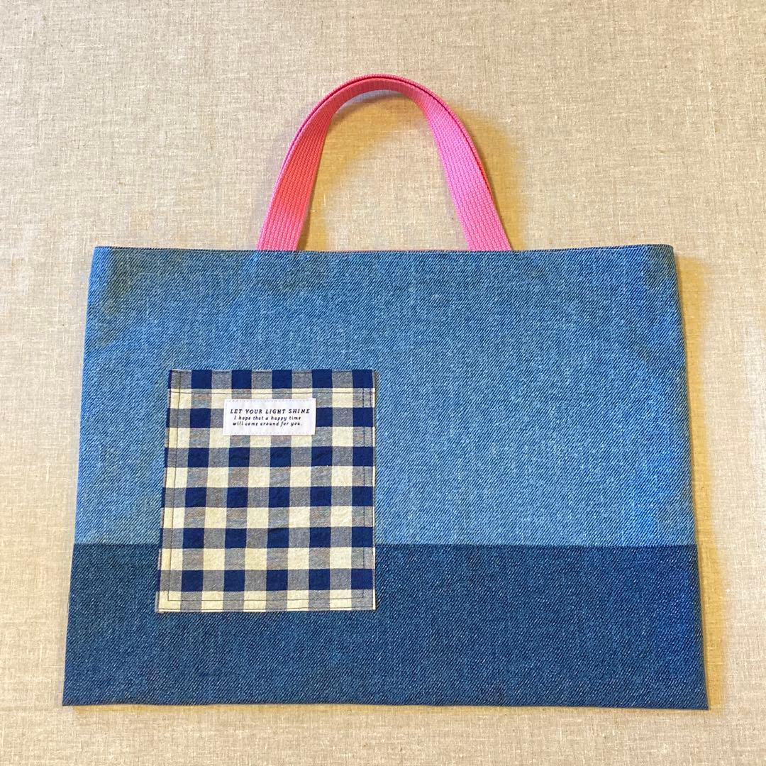 入園入学5点セット　レッスンバッグ　デニム調　シンプル　ネームタグ付き　女の子