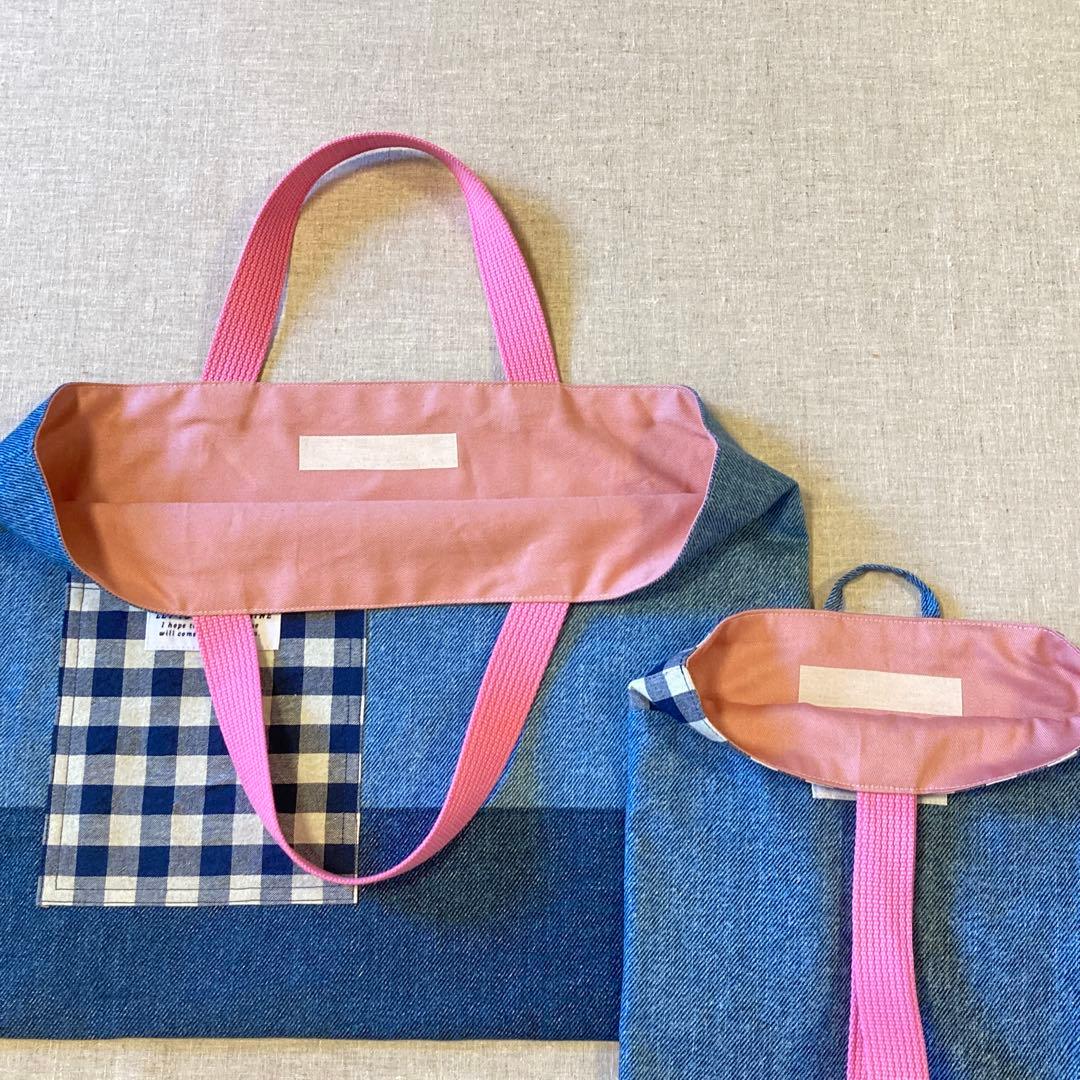 入園入学5点セット　レッスンバッグ　デニム調　シンプル　ネームタグ付き　女の子