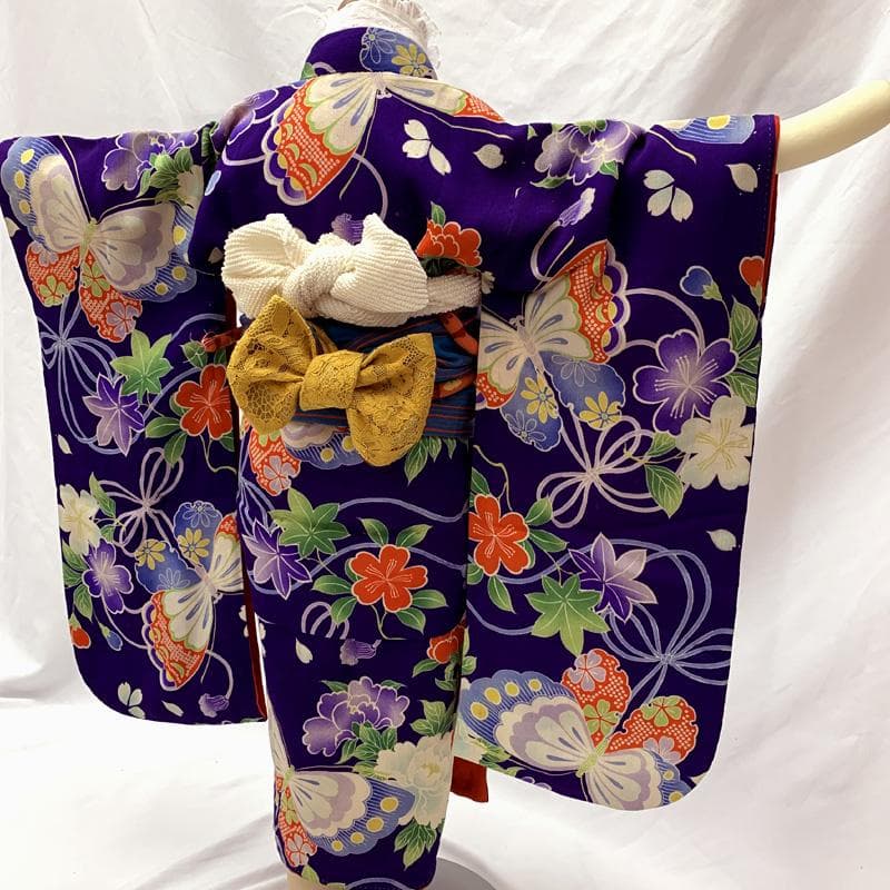 601ag8□七五三 三歳 アンティーク女児 着物&兵児帯 蝶 花□状態良好
