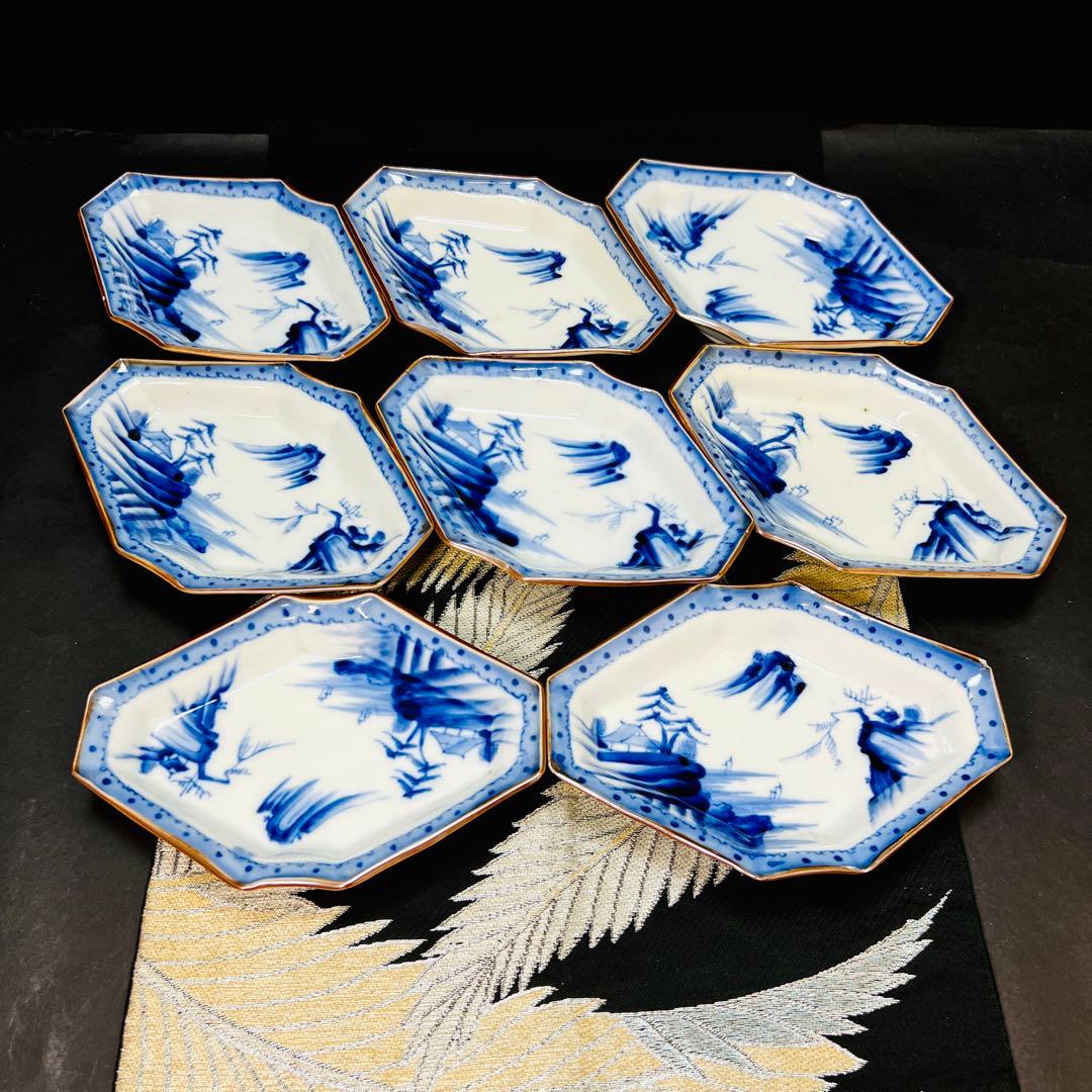 有田焼　染付山水絵　木瓜型　皿　8枚　アンティーク