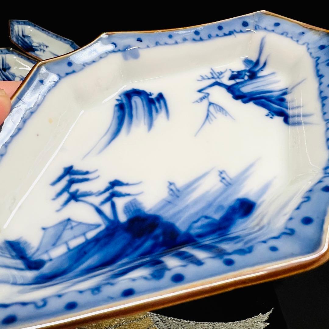有田焼　染付山水絵　木瓜型　皿　8枚　アンティーク