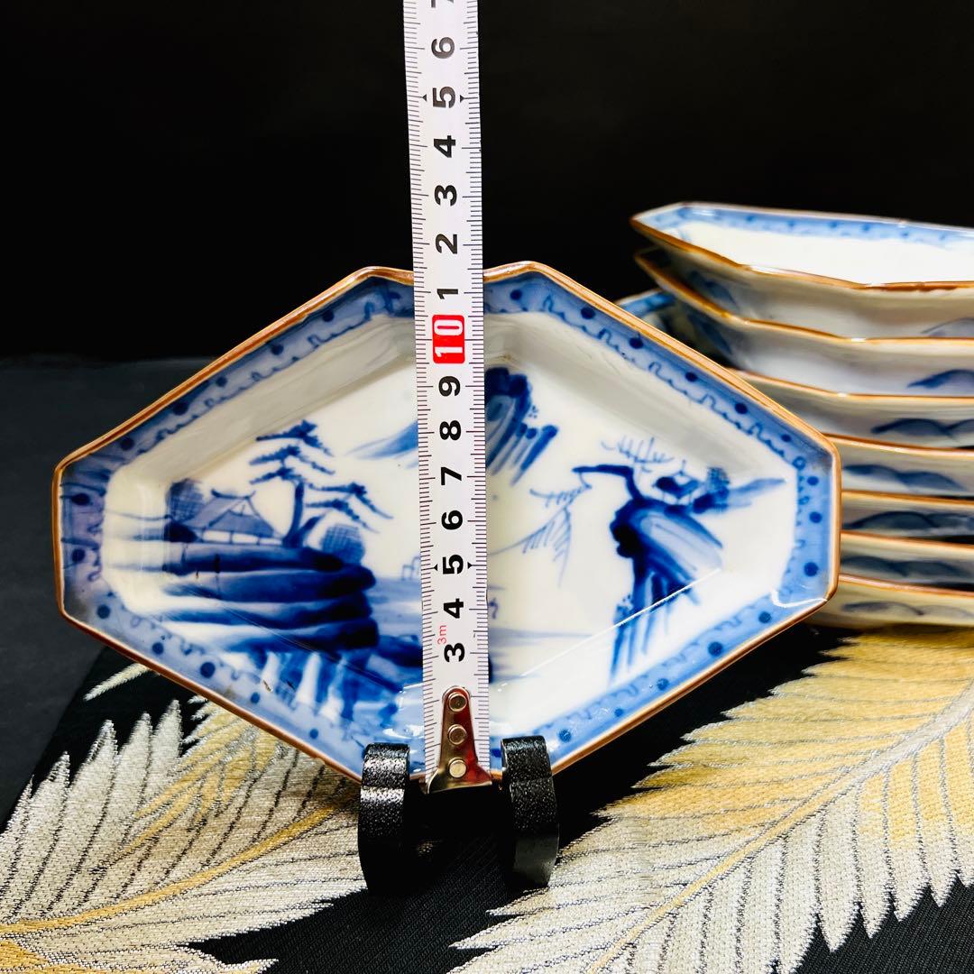 有田焼　染付山水絵　木瓜型　皿　8枚　アンティーク