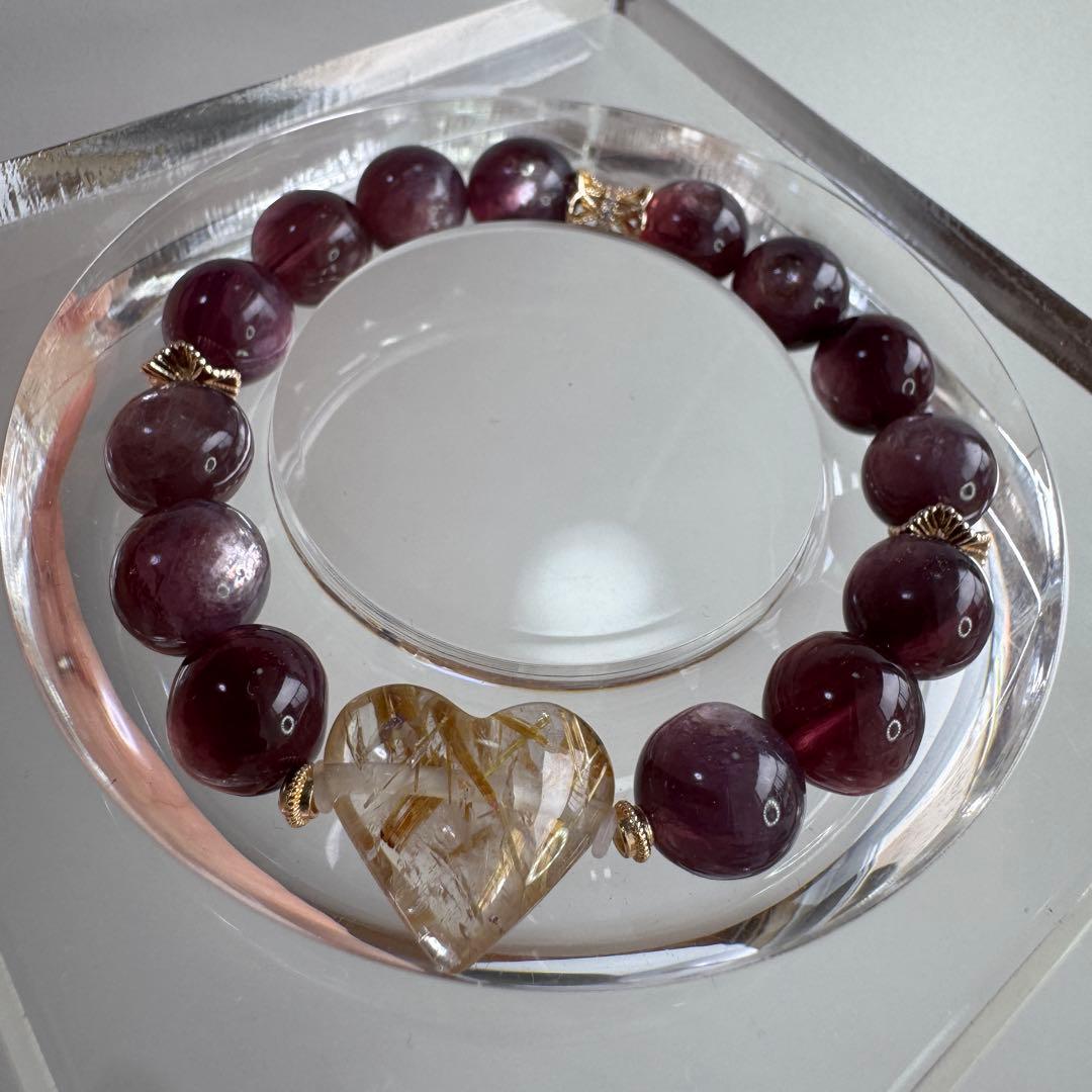 一点物　天然石　ハンドメイドブレス　パープルマイカ　ルチルクォーツ　ハート