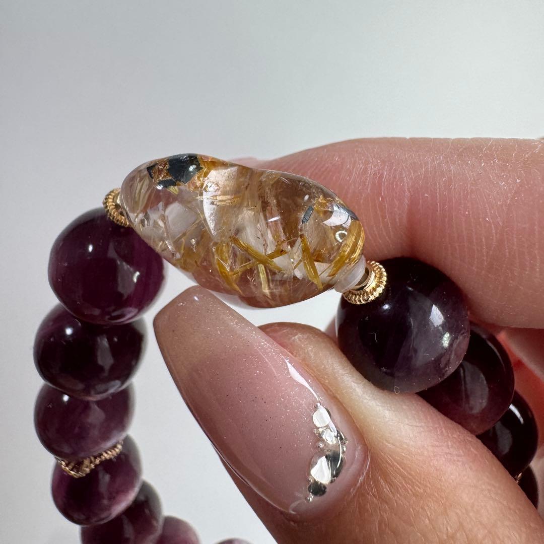 一点物　天然石　ハンドメイドブレス　パープルマイカ　ルチルクォーツ　ハート