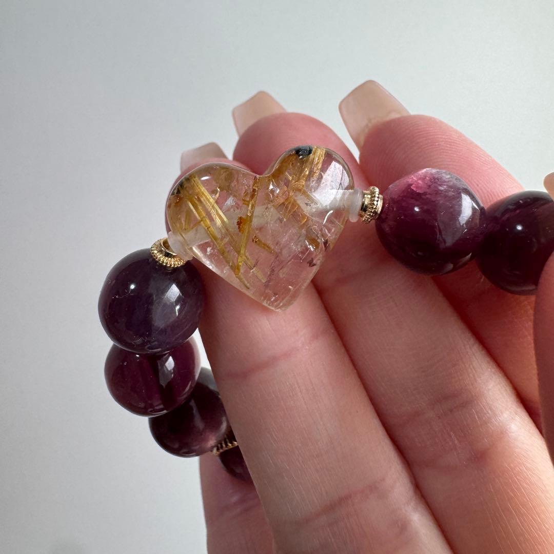 一点物　天然石　ハンドメイドブレス　パープルマイカ　ルチルクォーツ　ハート