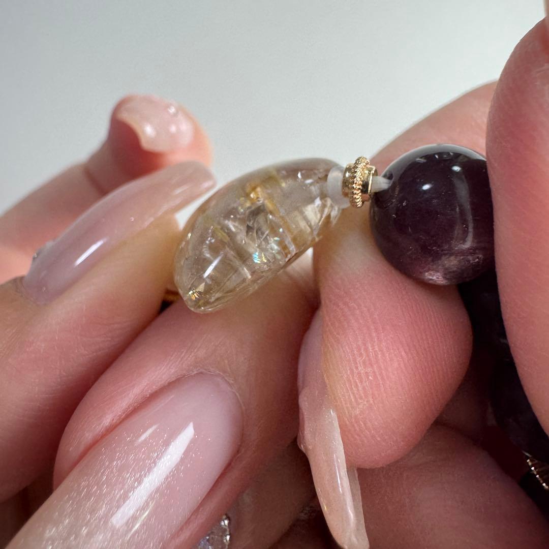 一点物　天然石　ハンドメイドブレス　パープルマイカ　ルチルクォーツ　ハート