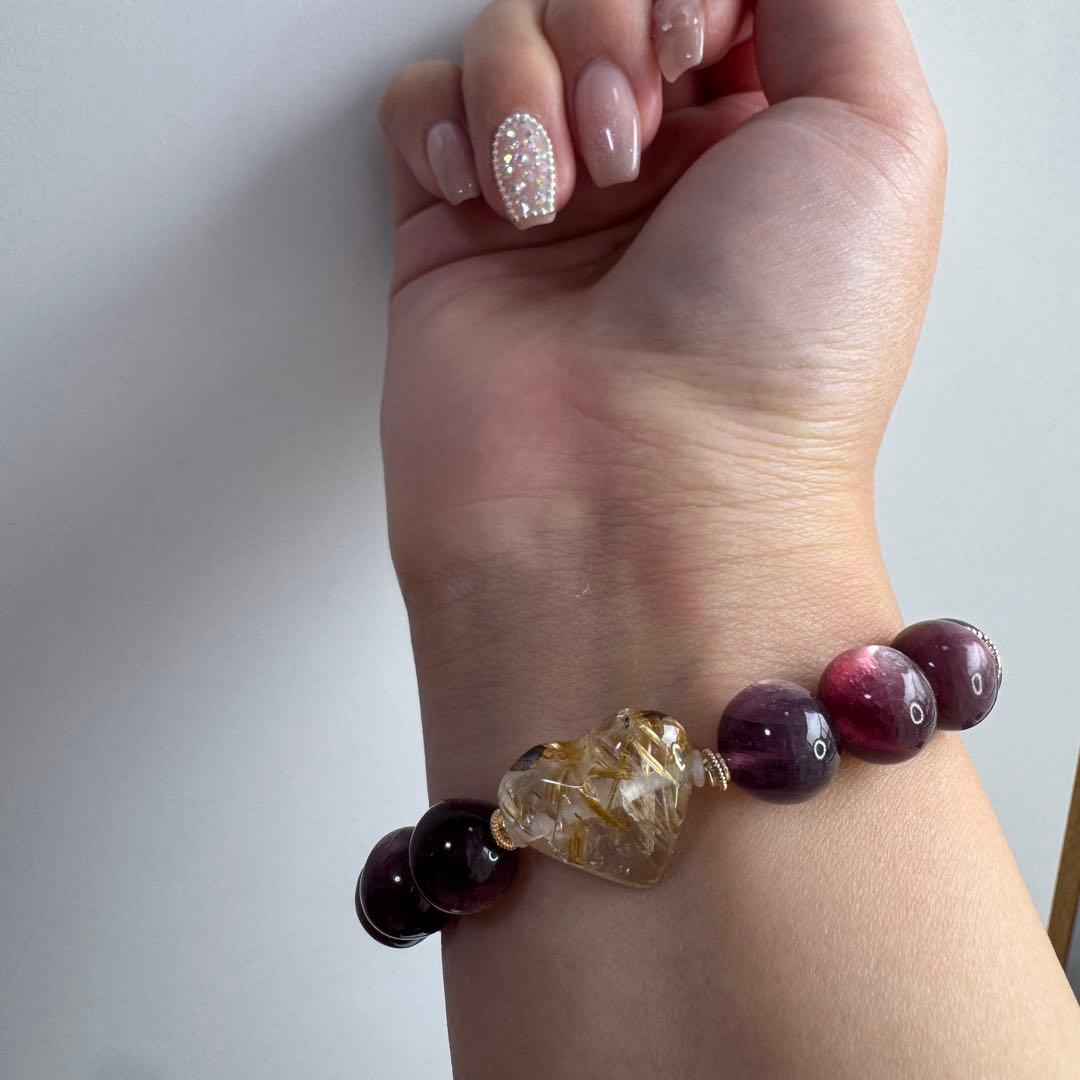 一点物　天然石　ハンドメイドブレス　パープルマイカ　ルチルクォーツ　ハート