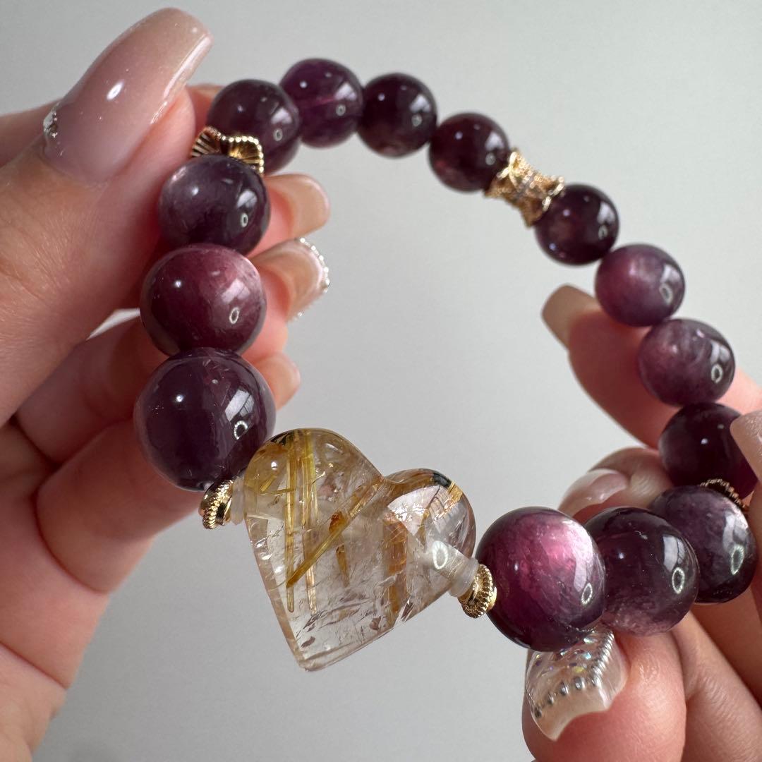 一点物　天然石　ハンドメイドブレス　パープルマイカ　ルチルクォーツ　ハート