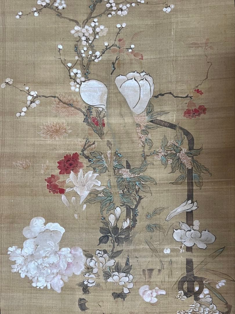 まくり 絹本■椿椿山■ ［花之図］肉筆 送料込み！