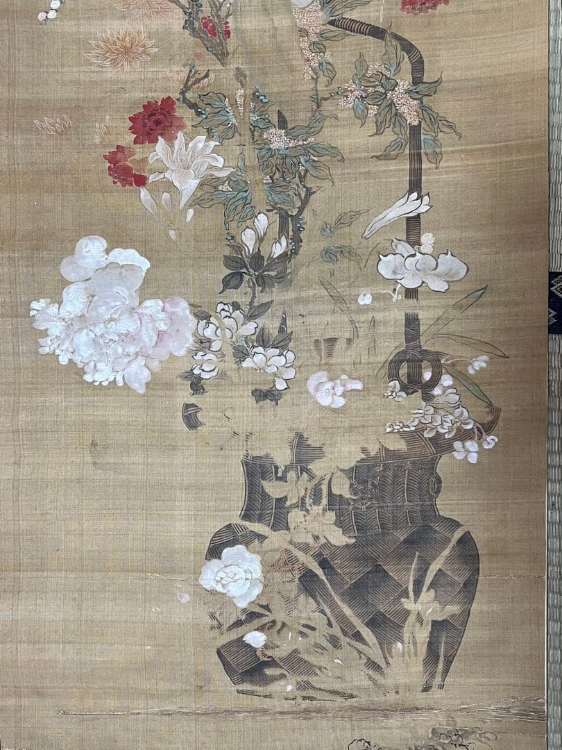 まくり 絹本■椿椿山■ ［花之図］肉筆 送料込み！