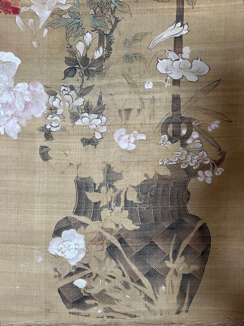 まくり 絹本■椿椿山■ ［花之図］肉筆 送料込み！