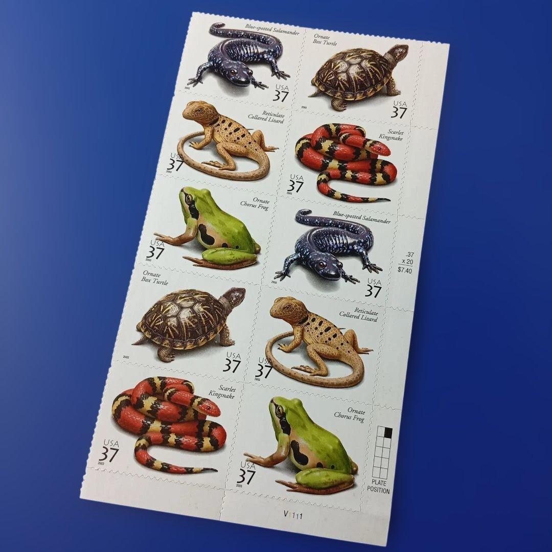 売約9895 外国切手 アメリカ 2002年 爬虫類・両生類動物 シール式5種