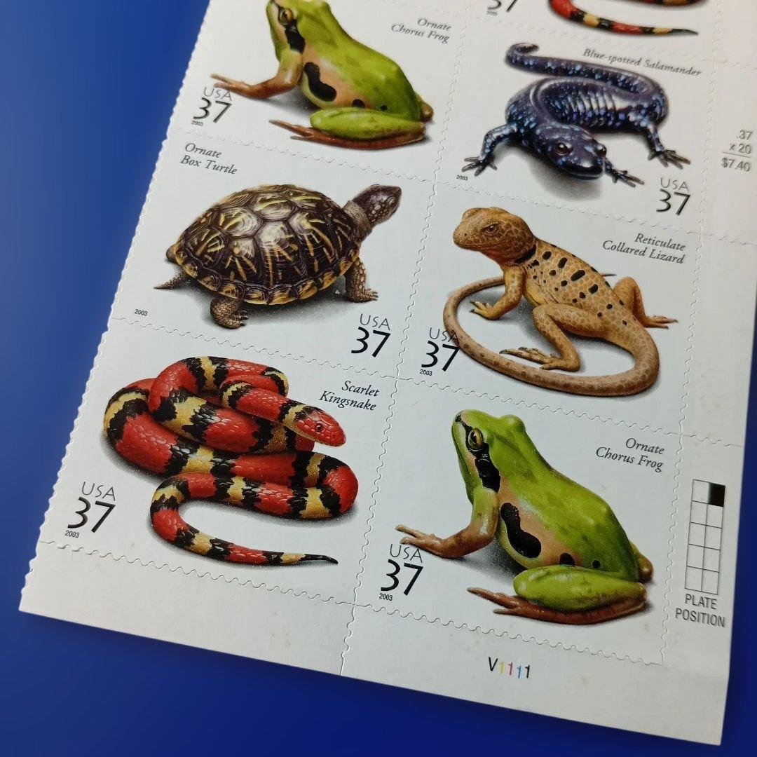 売約9895 外国切手 アメリカ 2002年 爬虫類・両生類動物 シール式5種