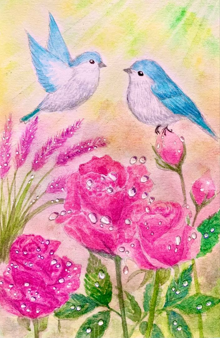 ♡たまみな♡水彩画 原画8枚＋複製品11枚鳥と花のセット