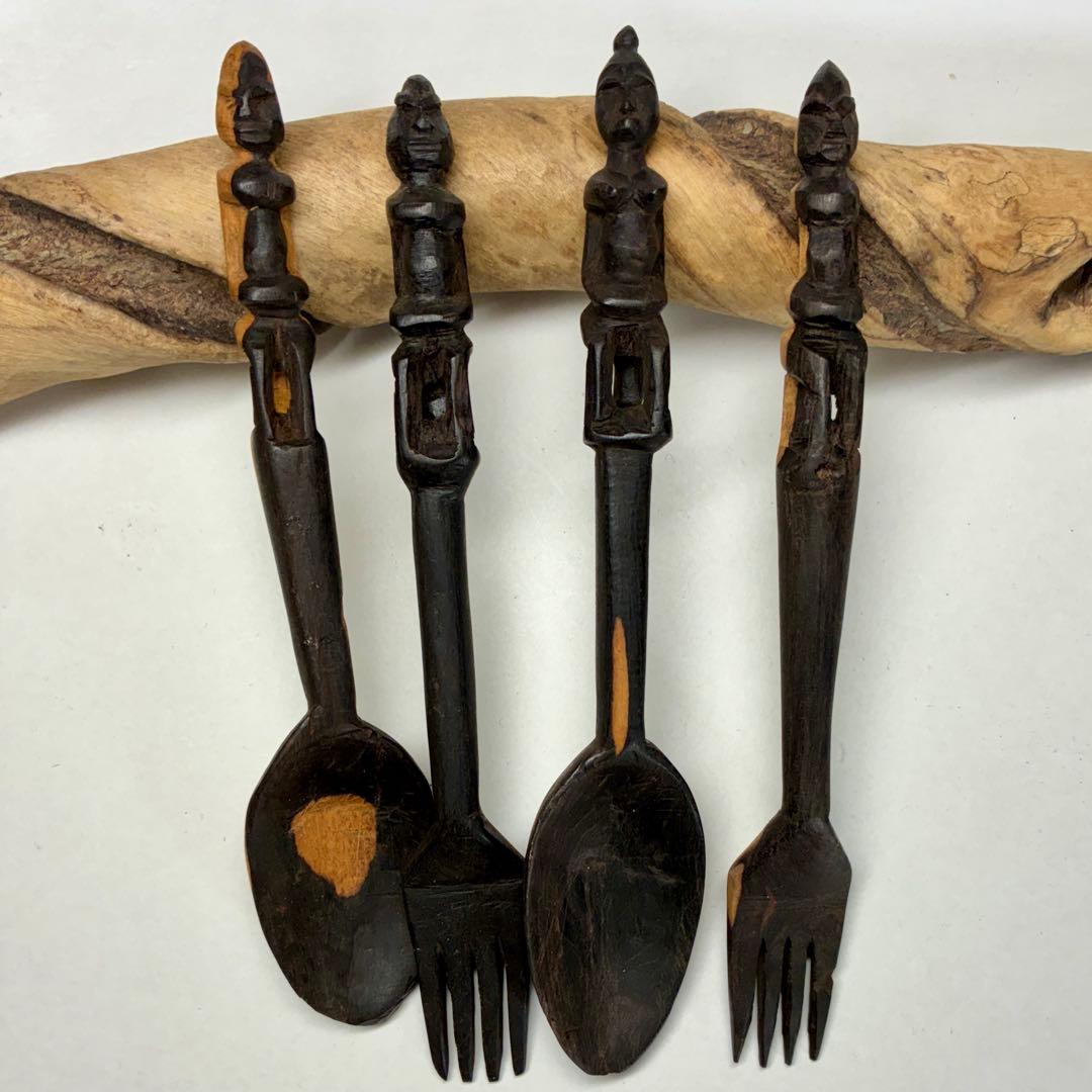 ドゴン族　サハラ砂漠の黒檀スプーン2本フォーク7本セット新品未使用1999年マリ