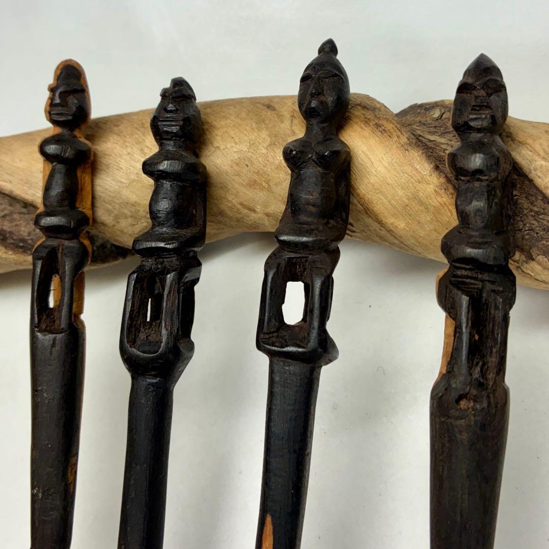 ドゴン族　サハラ砂漠の黒檀スプーン2本フォーク7本セット新品未使用1999年マリ
