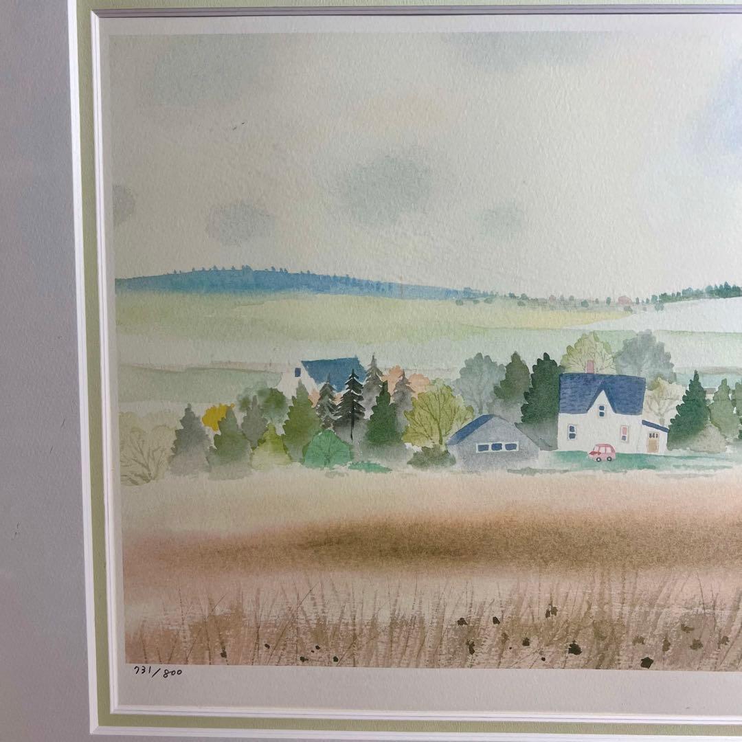 渡辺あきお版画メルヘン「白い家と赤い車」 エディションナンバー 限定部数800