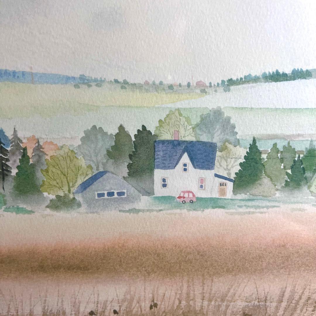 渡辺あきお版画メルヘン「白い家と赤い車」 エディションナンバー 限定部数800