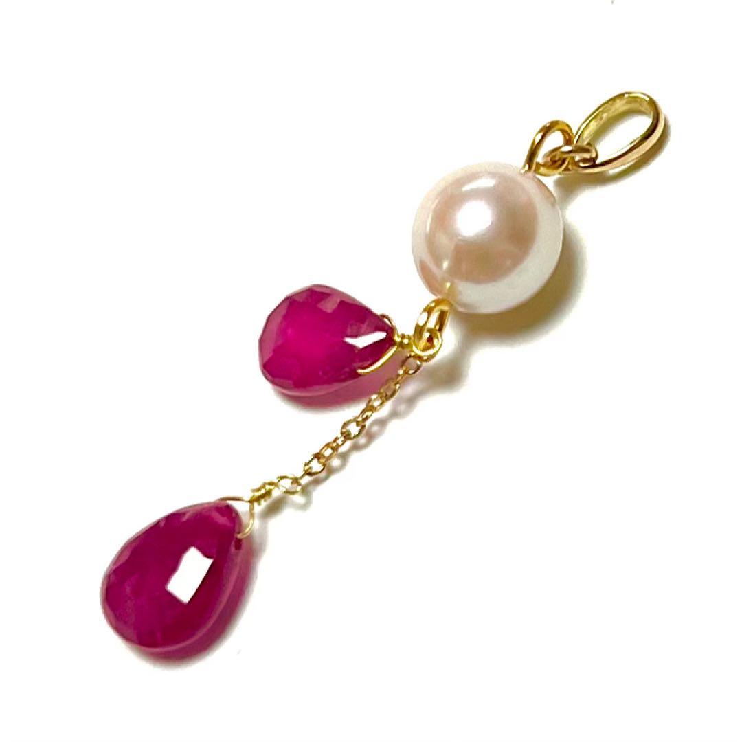 【Rtav】特価 K18 アコヤ本真珠 ルビー ダブルタイプ ネックレストップ
