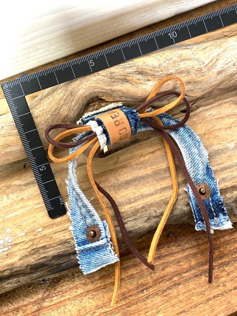 ハンドメイド　デニム　リメイク　ポニーフック　リボン　レザー