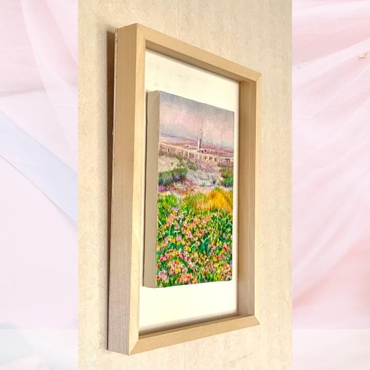 風景画 花の風景「釧路湿原」油彩画 木製フレーム付き