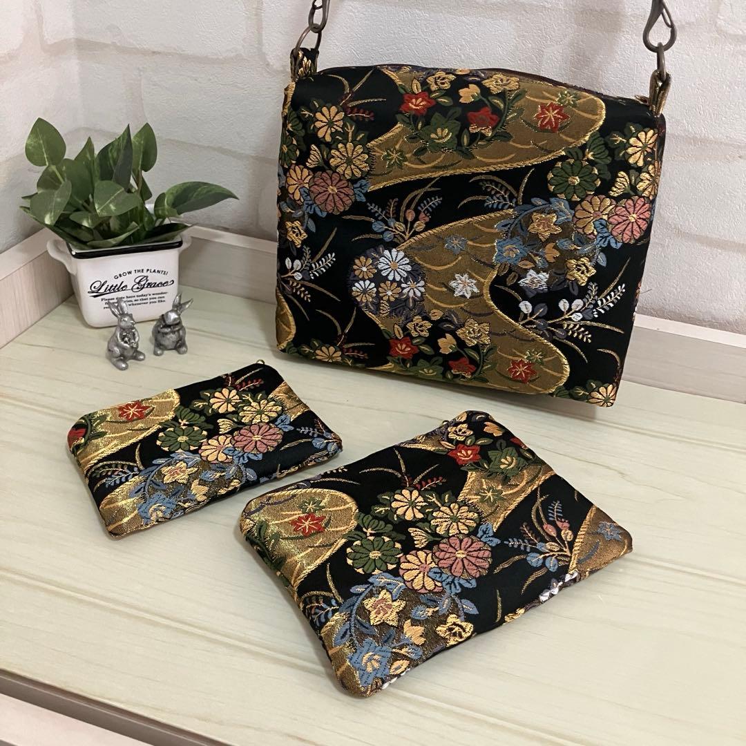 ❤️SALE❣️豪華・和・京都西陣織バックとポーチ＊流水に花丸文＊黒地＊