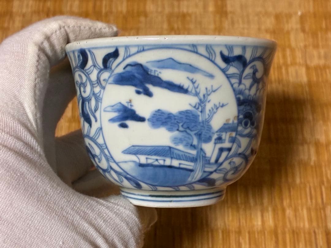 煎茶道具 中国 唐物 染付 風景紋 湯呑 五客揃い 在印 時代物