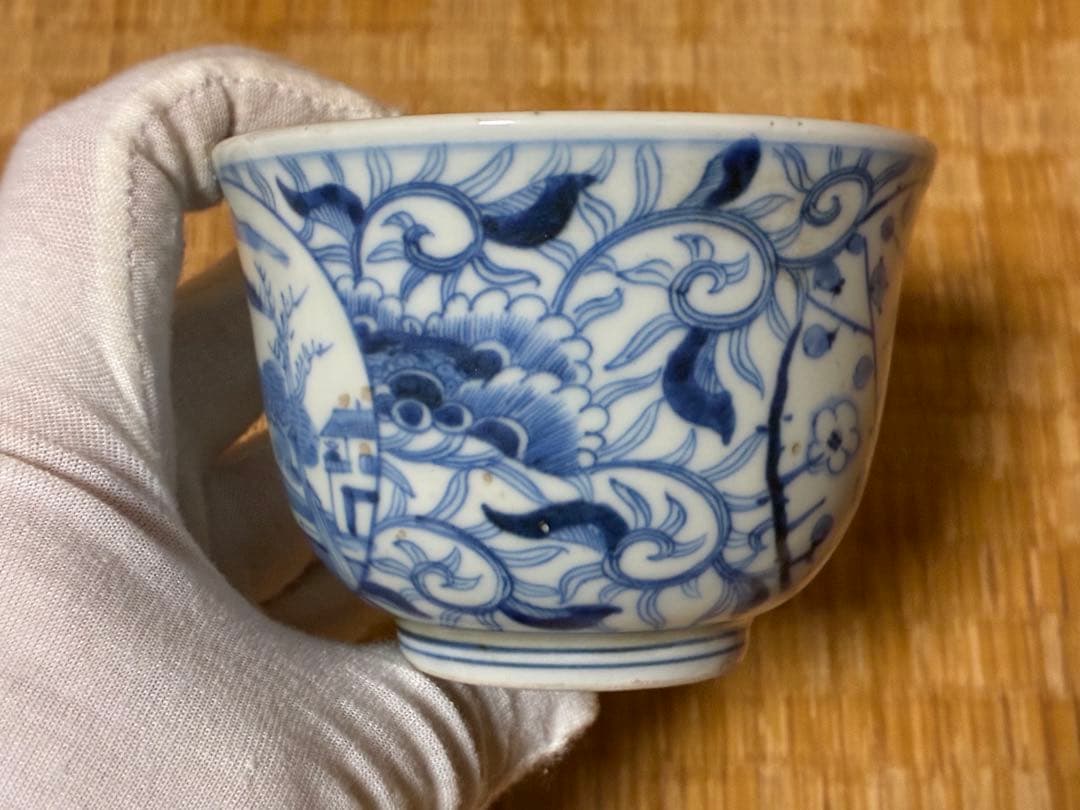 煎茶道具 中国 唐物 染付 風景紋 湯呑 五客揃い 在印 時代物