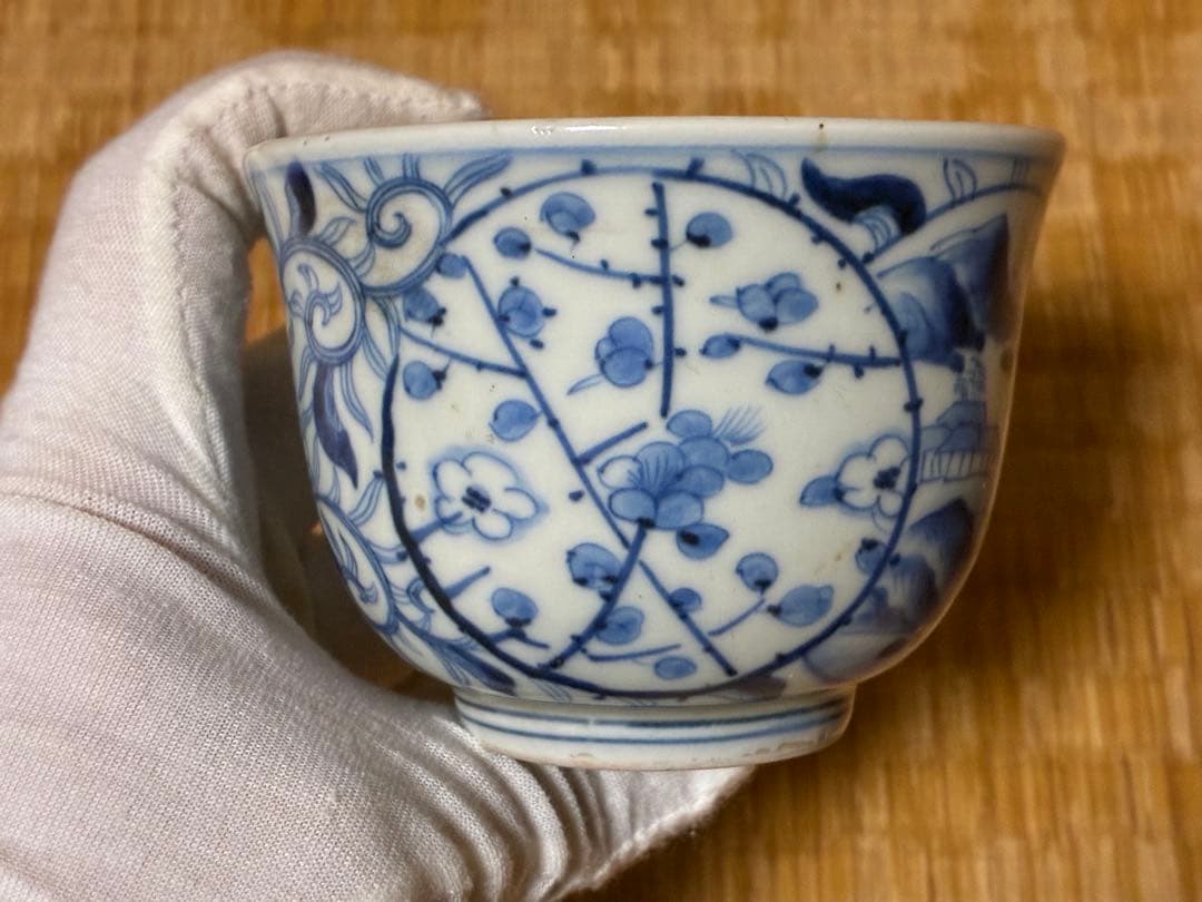 煎茶道具 中国 唐物 染付 風景紋 湯呑 五客揃い 在印 時代物