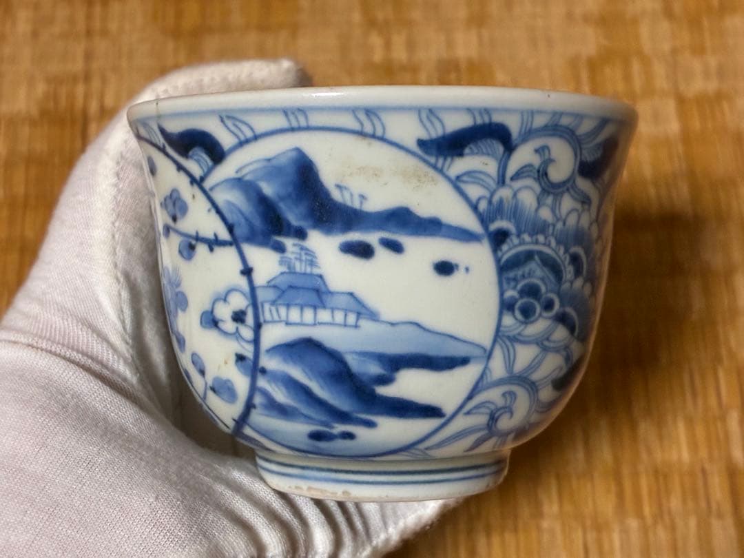 煎茶道具 中国 唐物 染付 風景紋 湯呑 五客揃い 在印 時代物