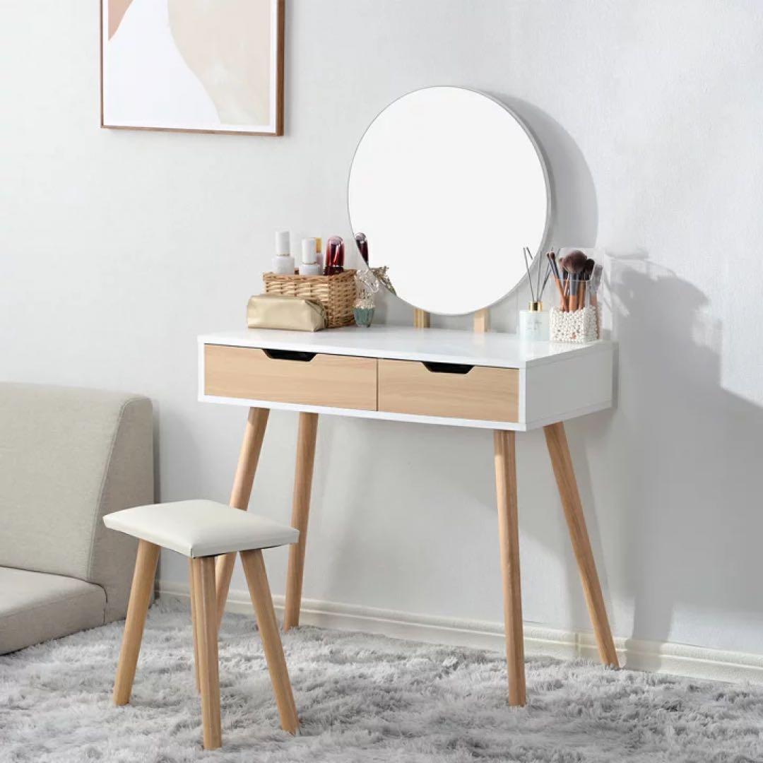 ホワイト 木製ドレッサー 鏡台 チェアセット