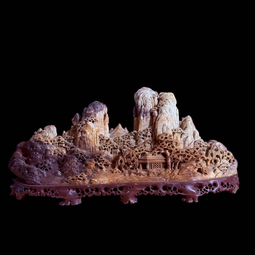 【レア品】特大山水風景石　寿山石　風景彫刻　骨董　ヴィンテージ　中国