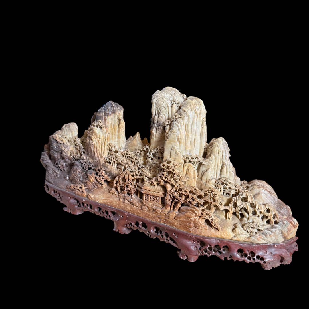 【レア品】特大山水風景石　寿山石　風景彫刻　骨董　ヴィンテージ　中国