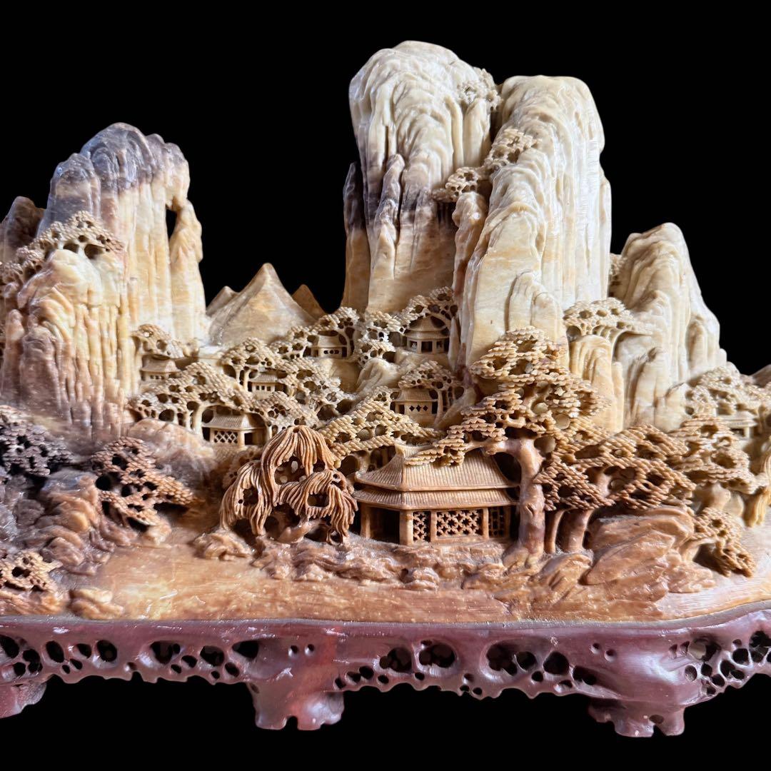 【レア品】特大山水風景石　寿山石　風景彫刻　骨董　ヴィンテージ　中国
