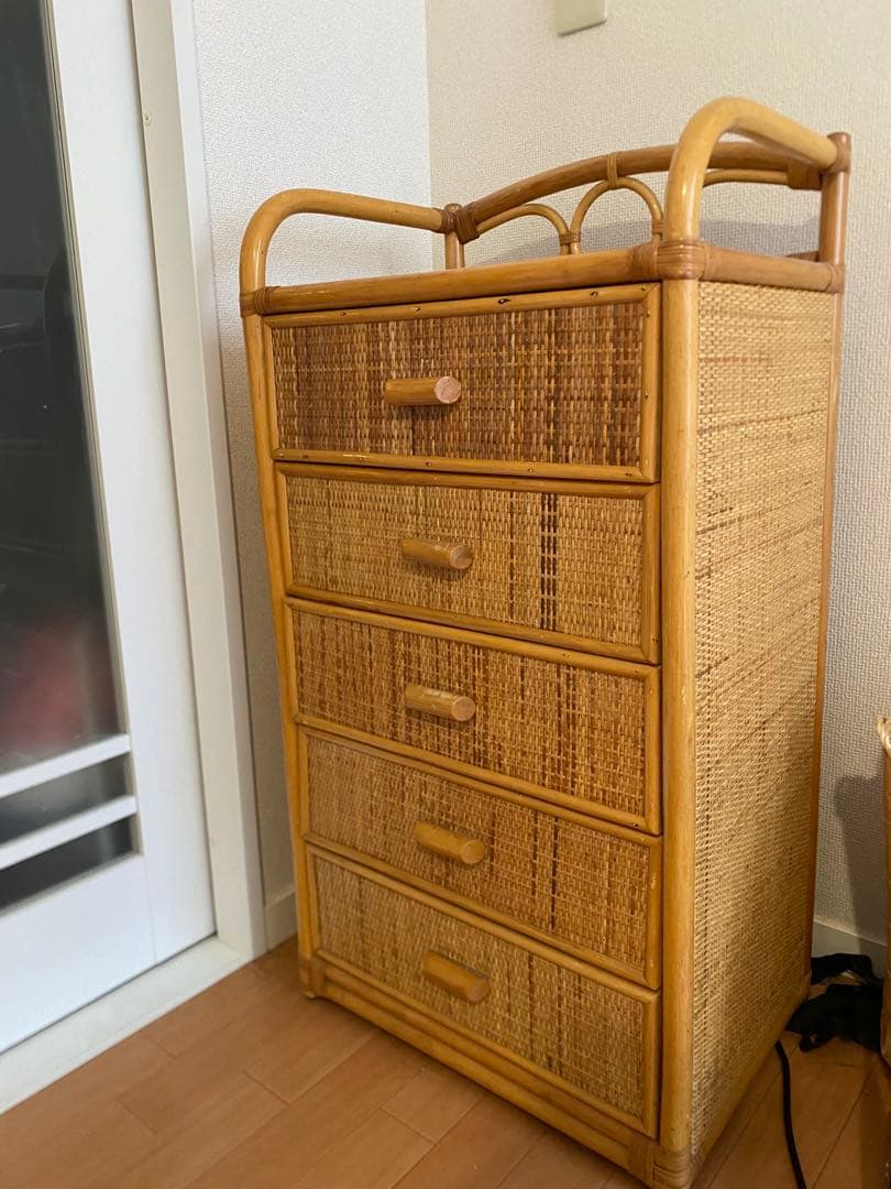 アメリカ輸入　ラタン製　ウッド5段チェスト