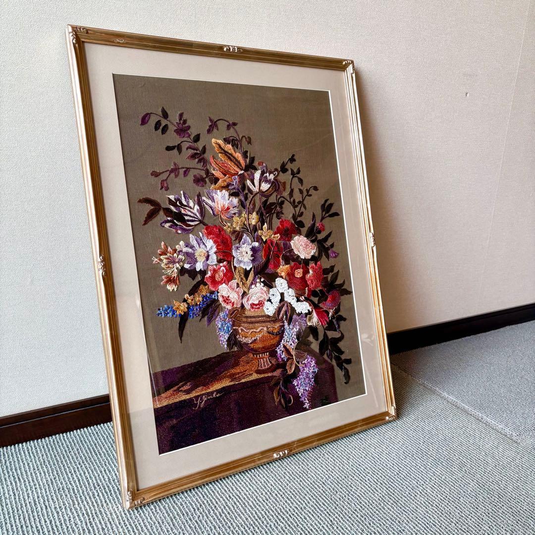 刺繍 花 花束 葉 フレーム 額 額入り ハンドメイド 花瓶 バラ クラシカル