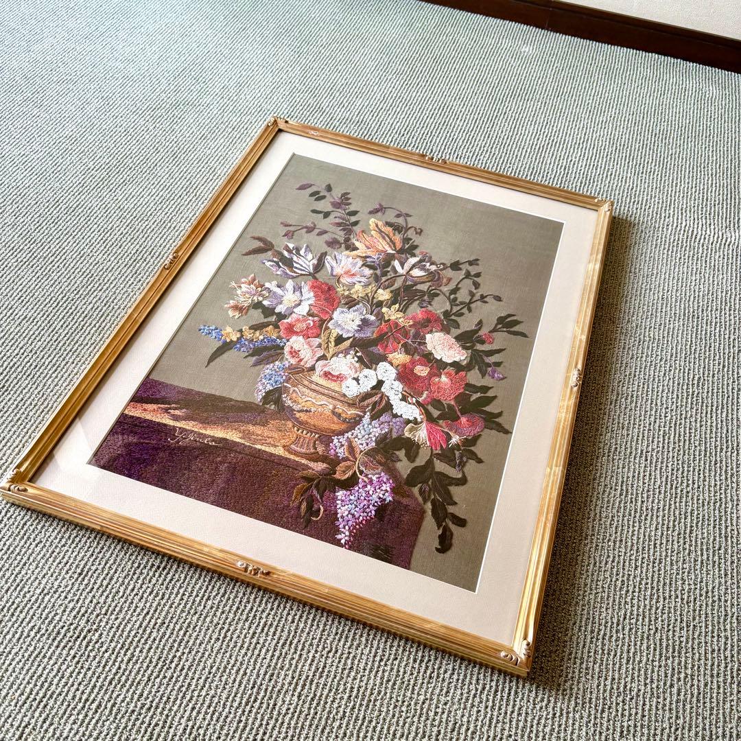 刺繍 花 花束 葉 フレーム 額 額入り ハンドメイド 花瓶 バラ クラシカル