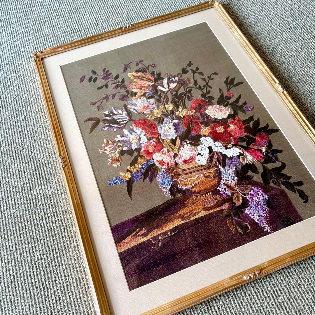 刺繍 花 花束 葉 フレーム 額 額入り ハンドメイド 花瓶 バラ クラシカル