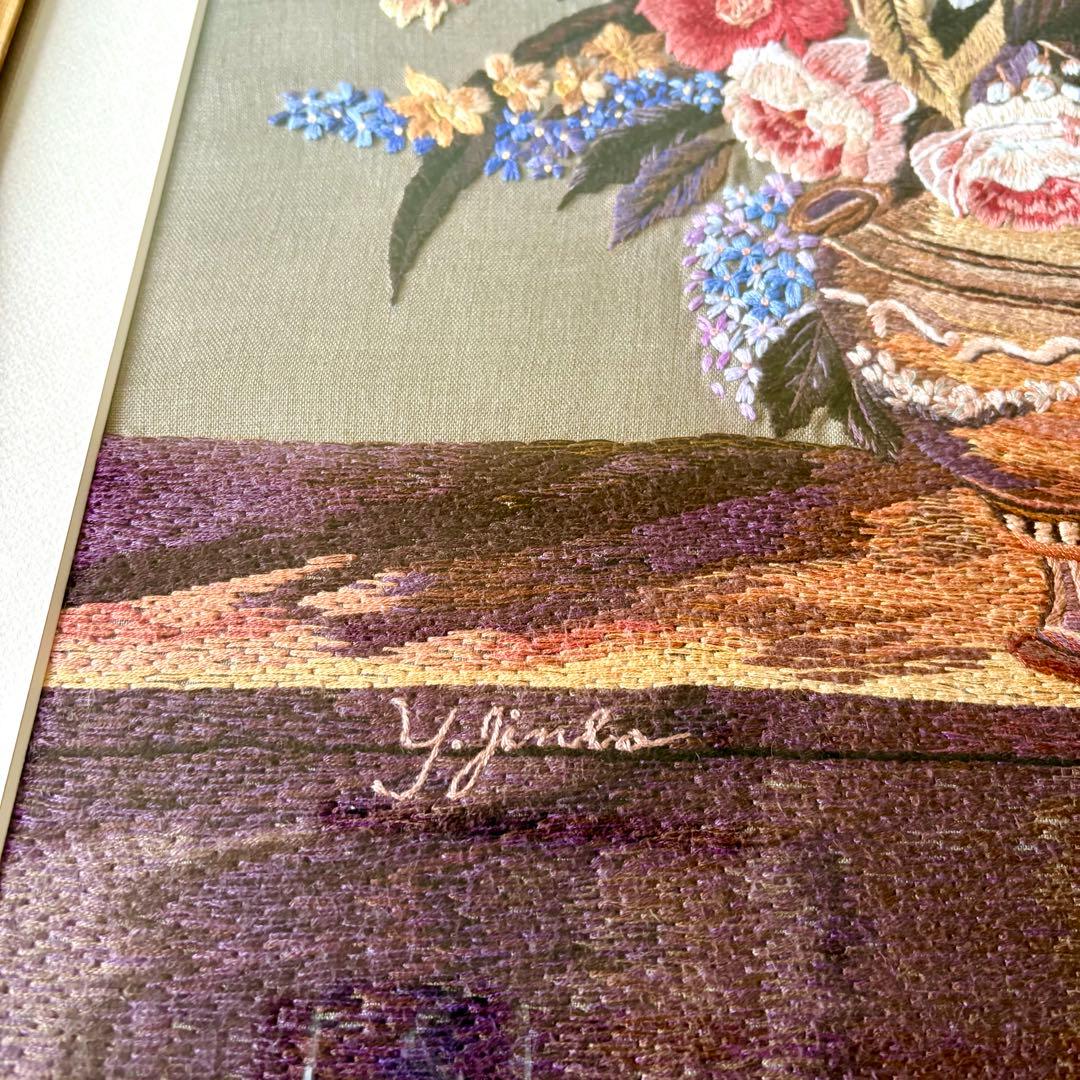 刺繍 花 花束 葉 フレーム 額 額入り ハンドメイド 花瓶 バラ クラシカル