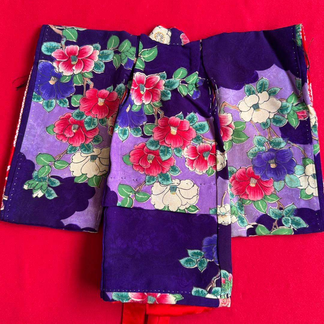 市松人形 8号(32cm)サイズの着物　比翼仕立て　紫地模様　梅椿　う